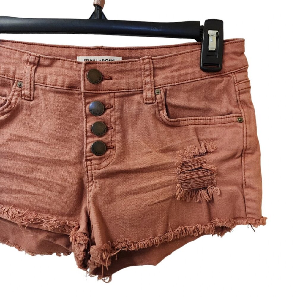 Mauve Button Fly Jean Shorts Size 26 Whiskered Distressed Low Rise Raw Fringe He